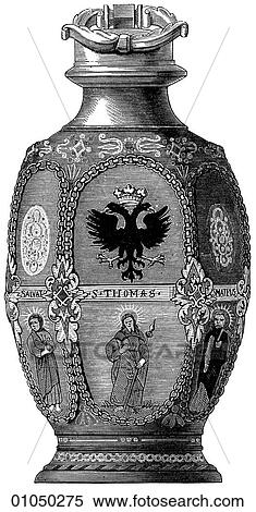 Artifacts - Porcelain - Germany 17th century earthenware Jug from Creussen This design uses the distinctive German double eagle motif above depictions of saints. View Large Illustration Stock Illustration - Artifacts - Porcelain - Germany 17th century earthenware Jug from Creussen This design uses the distinctive German double eagle motif above depictions of saints.. Fotosearch