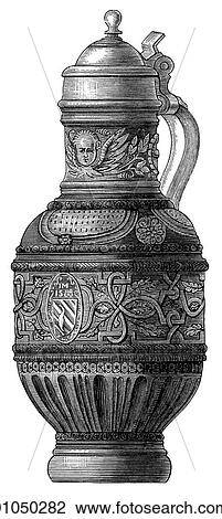 Artifacts - Porcelain - Germany Earthenware Jug from Grenzhausen. c. 1600. This piece was created about the time Shakespeare wrote "Hamlet" and "The Merry Wives of Windsor". View Large Illustration Drawing - Artifacts - Porcelain - Germany Earthenware Jug from Grenzhausen. c. 1600. This piece was created about the time Shakespeare wrote "Hamlet" and "The Merry Wives of Windsor".. Fotosearch
