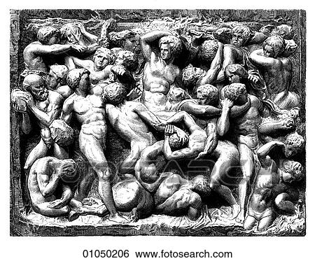 Stock Illustration - Artifacts - Relief - Italy Battle of the Centaurs. Relief in marble by Michelangelo Buonarotti (1475-1564) The centaurs were, in Greek mythology, a race of half-man, half-horse creatures who lived in the mountains of Thessaly. This battle on Mt. Pelion. Fotosearch