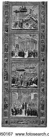 Stock Illustration - Artifacts - Relief - Italy From Lorenzo Ghiberti`s (1378-1455) second bronze Baptistery Gate at Florence. Finished 1447. The artist was born in the year of the Great Schism that saw two Popes (one in Rome, the other in Avignon France) contest the rule o. Fotosearch