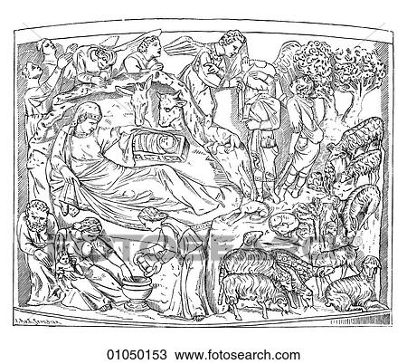Drawing - Artifacts - Relief - Italy The Birth of Christ and Annunciation to The Sheperds by Giovanni Pisano. Niccol~ Pisano c. 1260 (1220-1284). The artists helped his father Niccol~ creat a unique late Gothic style of sculpture in Italy at the dawn of the Renai. Fotosearch