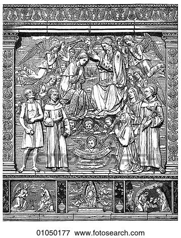 Artifacts - Relief - Italy The Coronation of the Virgin, a relief in glazed terra-cotta by Andrea della Robbia (1435-1525) at the Church of Osservanza near Siena. The artist took over the Della Robbia studio upon the death of his uncle, Luca Della Robbi View Large Illustration Stock Illustration - Artifacts - Relief - Italy The Coronation of the Virgin, a relief in glazed terra-cotta by Andrea della Robbia (1435-1525) at the Church of Osservanza near Siena. The artist took over the Della Robbia studio upon the death of his uncle, Luca Della Robbi. Fotosearch