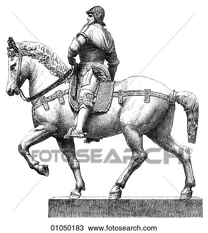 Artifacts - Sculpture - Italy Bronze Equestrian Statue of Colleoni at Venice by Andrea del Verrocchio (1435-1488) and completed by Alessandro Leopardi after 1479. Bartolommeo Colleoni, was commander-in-chief of the Venetian city-state`s military forces; View Large Illustration Drawing - Artifacts - Sculpture - Italy Bronze Equestrian Statue of Colleoni at Venice by Andrea del Verrocchio (1435-1488) and completed by Alessandro Leopardi after 1479. Bartolommeo Colleoni, was commander-in-chief of the Venetian city-state`s military forces;. Fotosearch
