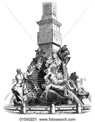 Clip Art - Artifacts - Sculpture - Italy Fountain on the Piazza Navona at Rome, by Lorenzo Bernini (1598-1680) The artist was the natural successor to Michelangelo. He single-handedly developed the baroque style of sculpture and raised to its highest achievements. Fotosearch