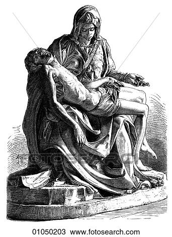 Artifacts - Sculpture - Italy Piet^. Group in marble by Michelangelo Buonarotti (1475-1564). Piet^ is a depiction of Mary holding the dead body of her son Jesus. Although there is no literary source for this scene it became a popular Renaissance groupin View Large Illustration Drawing - Artifacts - Sculpture - Italy Piet^. Group in marble by Michelangelo Buonarotti (1475-1564). Piet^ is a depiction of Mary holding the dead body of her son Jesus. Although there is no literary source for this scene it became a popular Renaissance groupin. Fotosearch