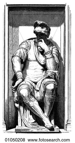 Artifacts - Sculpture - Italy The Tomb of Lorenzo de` Medici Michelangelo Buonarotti (1475-1564) San Lorenzo at Florence. (c5) The grandson of Lorenzo the Magnificent, this was the Medici to whom Machiavelli addressed his treatise, "The Prince". Loren View Large Illustration Stock Illustration - Artifacts - Sculpture - Italy The Tomb of Lorenzo de` Medici Michelangelo Buonarotti (1475-1564) San Lorenzo at Florence. (c5) The grandson of Lorenzo the Magnificent, this was the Medici to whom Machiavelli addressed his treatise, "The Prince". Loren. Fotosearch