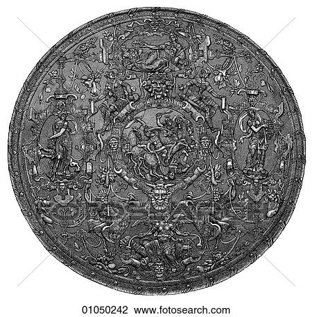 Artifacts - Shield - Italy A Shield by Giovanni Ghisi (1503-1575). An example of repoussZ - a design method in which metal is first created by stamping a design from the back with hammers and then shaped by engraving (taken from the French verb - pousse View Large Illustration Drawing - Artifacts - Shield - Italy A Shield by Giovanni Ghisi (1503-1575). An example of repoussZ - a design method in which metal is first created by stamping a design from the back with hammers and then shaped by engraving (taken from the French verb - pousse. Fotosearch