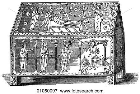 Stock Illustration - Artifacts - Wood/Gold - France Early Romanesque Reliquary. Wood Covered with Sheet-Gold c. 1000 A reliquary was used to store blessed relics - pieces of a deceased holy person`s body or belongings - for purposes of reverence.. Fotosearch