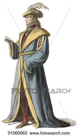 Fashion & Costume - (Color) c. 1450 France In this period The Dukes of Burgundy, members of the French Royal House of Valois extended their rule into the low countries of Flanders (Belgium) and the Netherlands (Holland) from the late 14th to the mid 15th View Large Illustration Drawing - Fashion & Costume - (Color) c. 1450 France In this period The Dukes of Burgundy, members of the French Royal House of Valois extended their rule into the low countries of Flanders (Belgium) and the Netherlands (Holland) from the late 14th to the mid 15th. Fotosearch