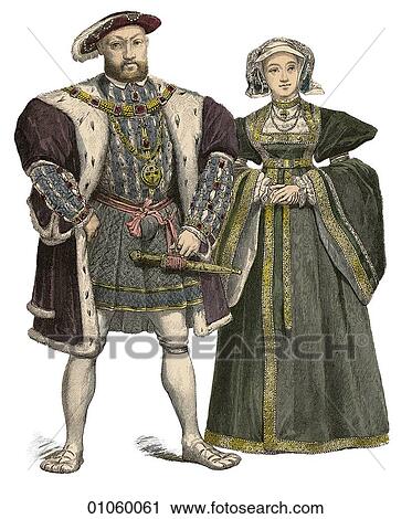 Clip Art - Fashion & Costume - (Color) c. 1525 England - Henry VIII 1491-1546 Henry reigned as King of England 1509-1546. He is pictured here with the fourth of his six wives, Anne of Cleves, whom he married in 1540. The marriage was annulled in the same year. Hen. Fotosearch