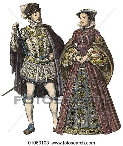 Fashion & Costume - (Color) c. 1566 England/Scotland Mary Queen of Scots and her husband Lord Darnley, who was murdered under mysterious circumstances. Mary herself was beheaded by Elizabeth I another of her cousins. Mary and Darnley`s son James became J View Large Illustration Drawing - Fashion & Costume - (Color) c. 1566 England/Scotland Mary Queen of Scots and her husband Lord Darnley, who was murdered under mysterious circumstances. Mary herself was beheaded by Elizabeth I another of her cousins. Mary and Darnley`s son James became J. Fotosearch