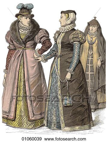 Stock Illustration - Fashion & Costume - (Color) c. 1590 England The Elizabethan age (1558-1603), the reign of Queen Elizabeth I of England, saw the beginnings of English world power. In this period Scottish mathematician James Napier first conceives the concept of logarit. Fotosearch