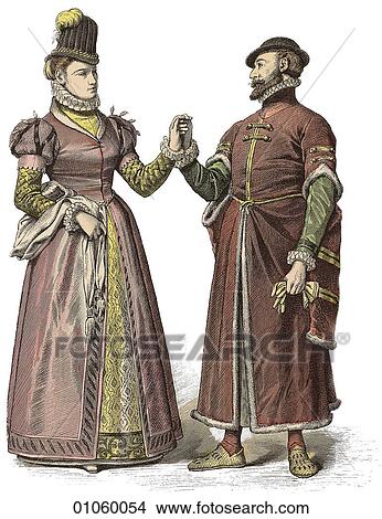 Fashion & Costume - (Color) c. 1590 England The Elizabethan age (1558-1603), the reign of Queen Elizabeth I of England, saw the beginnings of English world power. In this period Scottish mathematician James Napier first conceives the concept of logarit View Large Illustration Stock Illustration - Fashion & Costume - (Color) c. 1590 England The Elizabethan age (1558-1603), the reign of Queen Elizabeth I of England, saw the beginnings of English world power. In this period Scottish mathematician James Napier first conceives the concept of logarit. Fotosearch
