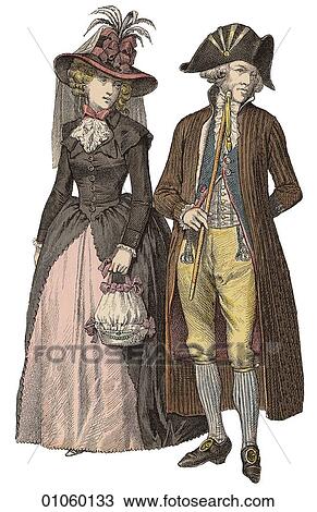 Fashion & Costume - (Color) c. 1788-1790 In this period the Times of London began publishing; King George II had his first attack of mental illness, precipitating the regency crisis in England; and Washington D. C. was founded. View Large Illustration Drawing - Fashion & Costume - (Color) c. 1788-1790 In this period the Times of London began publishing; King George II had his first attack of mental illness, precipitating the regency crisis in England; and Washington D. C. was founded.. Fotosearch