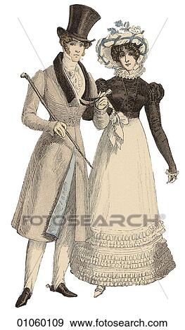 Stock Illustration - Fashion & Costume - (Color) c. 1820-1825 Germany In this period British workers are allowed to unionize (1824); Louis Pasteur was born (1822); Beethoven died (1827); the first railroad tunnel was constructed, on the Liverpool-Manchester line in England. Fotosearch