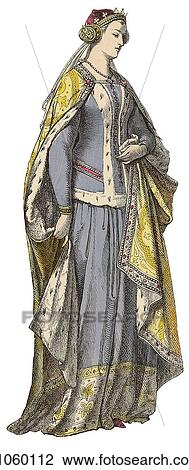 Drawing - Fashion & Costume - (Color) Late 14th Century c. 1390 England In this period rockets were used for the first time in warfare at the Battle of Chioggia (1380) between the city states of Genoa and Venice and cast iron became generally available throughout E. Fotosearch