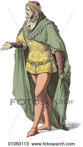 Drawing - Fashion & Costume - (Color) Late 14th Century (c. 1380) In this period rockets were used for the first time in warfare at the Battle of Chioggia (1380) between the city states of Genoa and Venice and cast iron became generally available throughout Europe. Fotosearch
