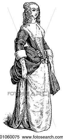Fashion & Costume - line art c. 1660 womens dress View Large Illustration Stock Illustration - Fashion & Costume - line art c. 1660 womens dress. Fotosearch