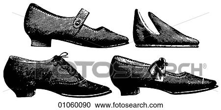 Clipart - Fashion & Costume - line art c. 1890 l - r top row: womans shoe, childs shoe, l - r bottom row: womans oxford, womans shoe In this period Cuba fought Spain for its independence (1895); H. G. Wells published "The Time Machine"; King Gillette invented th. Fotosearch
