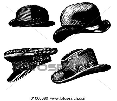 Clipart - Fashion & Costume - line art c. 1890`s l - r top row: hamburg, bowler, l - r bottom row: peak cap, fedora, In this period Cuba fought Spain for its independence (1895); H. G. Wells published "The Time Machine"; King Gillette invented the safety razor(. Fotosearch