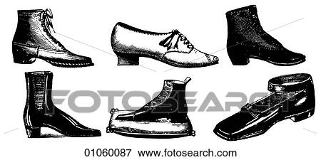Stock Illustration - Fashion & Costume - line art c. 1900 shoes and boots l - r top row: front laced "Balmoral" boot- 1890`s, ladies oxford-1890, ladies shoe-1890 l - r bottom row: elastic-sided "congress" boot-1895, male shoe-1895, childs shoe, In this period Cuba fou. Fotosearch