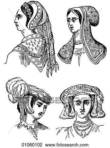 Fashion & Costume - line art c. 1550-1570 Female headresses In this period Italian and Flemish painters such as Paul Rubens and Caravaggio were at the height of their power and influence. View Large Illustration Drawing - Fashion & Costume - line art c. 1550-1570 Female headresses In this period Italian and Flemish painters such as Paul Rubens and Caravaggio were at the height of their power and influence.. Fotosearch