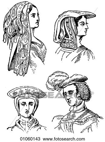 Fashion & Costume - line art c. 1550-1570 Female headresses In this period Italian and Flemish painters such as Paul Rubens and Caravaggio were at the height of their power and influence. View Large Illustration Drawing - Fashion & Costume - line art c. 1550-1570 Female headresses In this period Italian and Flemish painters such as Paul Rubens and Caravaggio were at the height of their power and influence.. Fotosearch