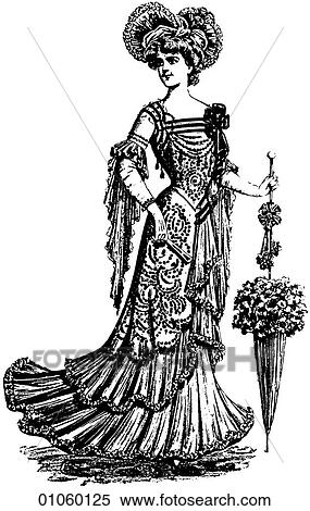 Fashion & Costume - line art c. 1900-1901 womans summer evening dress View Large Illustration Stock Illustration - Fashion & Costume - line art c. 1900-1901 womans summer evening dress. Fotosearch