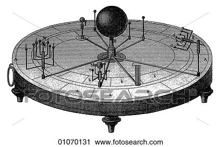 Clip Art - Science & Medicine - line art (Scientific) Astronomy An Orrery - a clockwork model of the solar system named after the fourth Earl of Orrery in England for whom one was made. The movement demonstrated the revolution of the planets around the sun.. Fotosearch