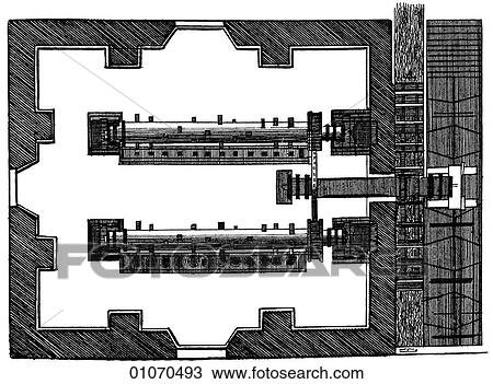 Science & Medicine - line art (Scientific) Chemistry Explosives Plan of a Powder Mill. View Large Illustration Drawing - Science & Medicine - line art (Scientific) Chemistry Explosives Plan of a Powder Mill.. Fotosearch