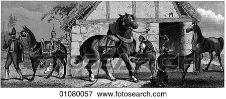 Flora & Fauna - line art - a 19th century engraving Animal - mammal Draft horses A smithy, showing a late 18th century blacksmith at work. draught horse, blacksmith, horseshoe, smithy, stable, trade View Large Illustration Stock Illustration - Flora & Fauna - line art - a 19th century engraving Animal - mammal Draft horses A smithy, showing a late 18th century blacksmith at work. draught horse, blacksmith, horseshoe, smithy, stable, trade. Fotosearch