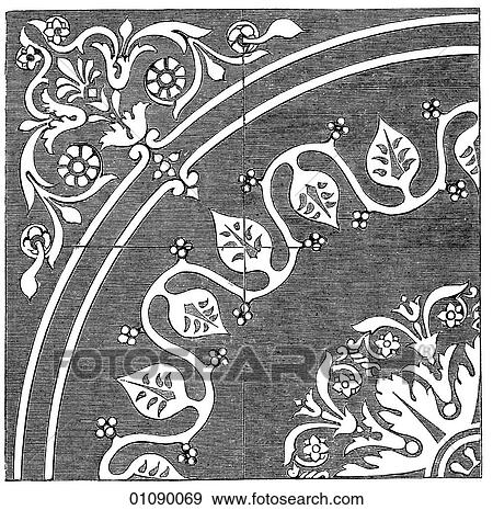 Stock Illustration - Patterns & Motifs - England - line art Ceramic Tile design c. 1850. Fotosearch