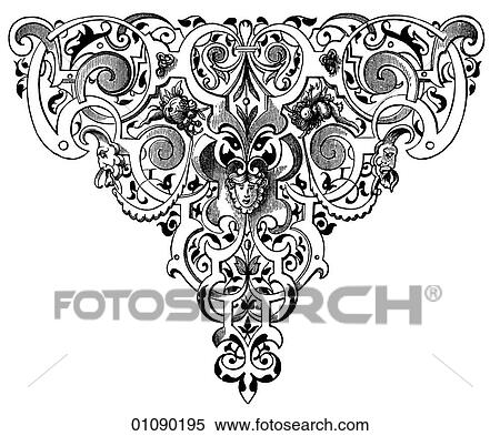 Stock Illustration - Patterns & Motifs - France - line art Tailpiece from a French book of the year 1550. In that year Tobacco was first cultivated in Europe and Girolamo Cardano used the measurement of parallax to establish that comets are not atmospheric phenomena.. Fotosearch