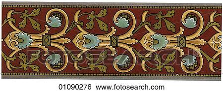Stock Illustration - Patterns & Motifs - Germany - (Color) (g9) Decorative border c. 1850 acanthus leaf, burgundy, blue, gold, German, Europe, vertical or horizontal, Victorian, 19th century. Fotosearch