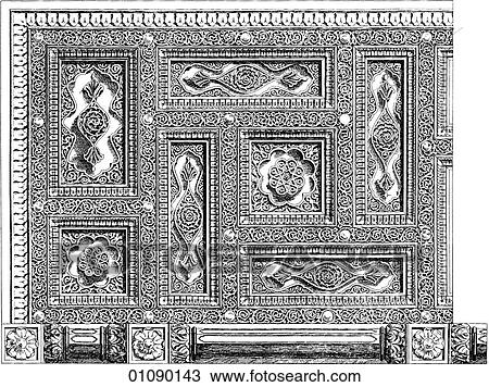 Patterns & Motifs - Pakistan - line art Detail of a carved wooden door from Lahore City c. 1680 View Large Illustration Drawing - Patterns & Motifs - Pakistan - line art Detail of a carved wooden door from Lahore City c. 1680. Fotosearch