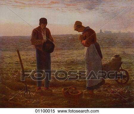 Stock Illustration - Paintings & Engravings - (Color) - France "The Angelus" by Jean Fran_ois Millet (1814-1875) A member of the Barbizon school (named after a small village on the edge of Fontainbleau Forest where they painted), Millet is famous for his paintings of pea. Fotosearch