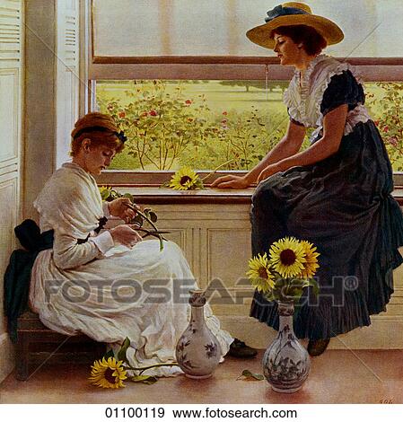 Stock Illustration - Paintings & Engravings - (Color) - England "Sun And Moon Flowers" G. D. Leslie, R. A. (The letters R. A. indicate that the artist is a member of the Royal Academy of Art. ) The painter was the son of Charles Leslie, R. A., from whom he inherited his talent. Fotosearch