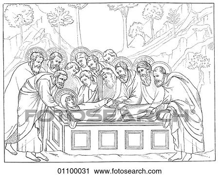 Clip Art - Paintings & Engravings - Engraving - Italy "The Burial of the Virgin" from the Altarpiece by Duccio Di Buoninsegna (mid 13th century - c. 1318) in the Duomo at Siena (a town in Northern Italy, south of Florence). The artist was a master of the then na. Fotosearch