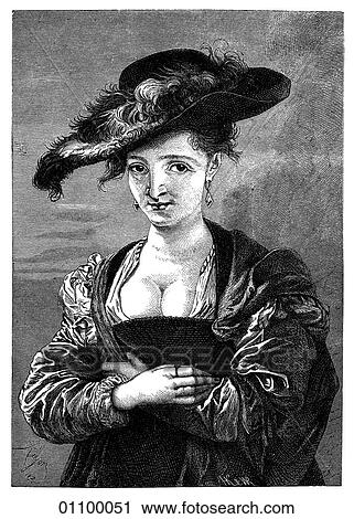 Clip Art - Paintings & Engravings - Engraving - Belgium "Chapeau de paille" by Peter Paul Rubens (1577-1640) of the Flemish Baroque school; painted in 1620, the year the Pilgrims set sail in the Mayflower. Rubens was born at Siegen in what is now Holland and liv. Fotosearch