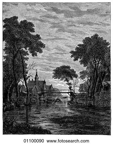 Clipart - Paintings & Engravings - Engraving - Holland "Landscape" by Aart van der Neer (1603-1677) The painter, who was never to achieve recognition in his lifetime, painted rural scenes by the light of late evening, early dawn and often moonlight. He was bor. Fotosearch