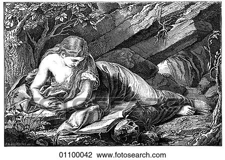 Drawing - Paintings & Engravings - Engraving - Italy "The Penitent Magdalen" by Pompeo Battoni (1708-1787) The artist was born in Lucca, Tuscany, and his work bridges the rococo, classic and emerging neoclassic styles. Here Mary Magdalen, after the crucifixion. Fotosearch