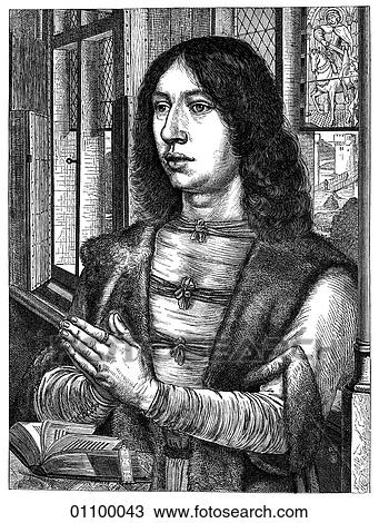 Drawing - Paintings & engravings - Engraving - Germany - Belgium "Portrait of Martin van Newenhoven as Donator" by Hans Memling (1430-1494) The painter was born in what is now Germany and was a leading Flemish painter of the Bruges school during the Renaissanc. Fotosearch