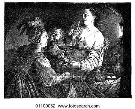 Drawing - Paintings & Engravings - Engraving - Holland "Lot and his Daughters" by Gerard Honthorst (1592-1656) The painter was strongly influenced by the works of Caravaggio which he studied while spending time in Italy around 1610. He was born in the year Juan. Fotosearch