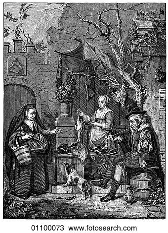 Drawing - Paintings & Engravings- Engraving - Holland "The Poultry Dealer" by Gabriel Metsu (1629-1667) Metsu began his career as painter of religious scenes but changed to depictions of commercial life in the marketplace and domestic scenes. He was born in the. Fotosearch