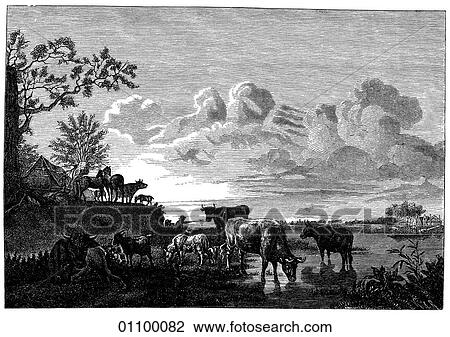 Paintings & Engravings - Engraving - Holland "Sunrise" by Adriaan van de Velde (1636-1672). The painter was the son of the well-known marine artist Willem van de Velde, the Elder. He specialized in landscapes and animals. van de Velde was born in the View Large Illustration Drawing - Paintings & Engravings - Engraving - Holland "Sunrise" by Adriaan van de Velde (1636-1672). The painter was the son of the well-known marine artist Willem van de Velde, the Elder. He specialized in landscapes and animals. van de Velde was born in the. Fotosearch