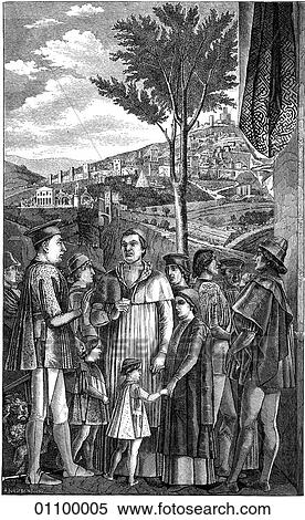Stock Illustration - Paintings & Engravings - Engraving - Italy "Meeting of the Marchese Ludovico of Mantua and his Son, Cardinal Francesco Gonzaga" A fresco by Andrea Mantegna (1431-1506) Mantegna is generally accepted to be the first fully Renaissance artist of Norther. Fotosearch