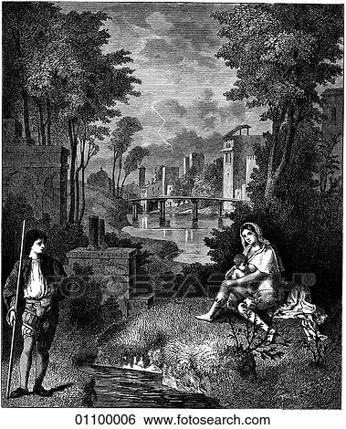 Stock Illustration - Paintings & Engravings - Engraving - Italy "Family of Giorgione" by Giorgione - Giorgio Barbarelli (1477-1510) The painter studied under Renaissance master Giovanni Bellini c. 1490 and is considered to be one of the initiators of the high renaissance. Fotosearch