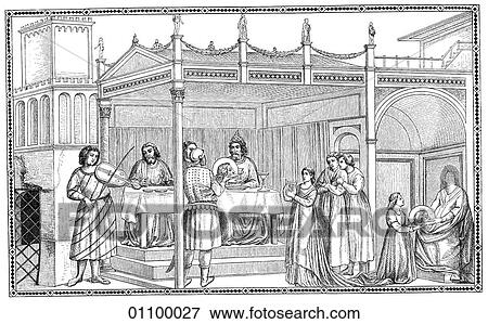 Stock Illustration - Paintings & Engravings - Engraving - Italy "The Death of St. John, the Baptist" by Giotto (1276-1336) in the Peruzzi Chapel in the church of St. Croce at Florence. Generally recognized as the first of the great Italian masters and the father of Europe. Fotosearch