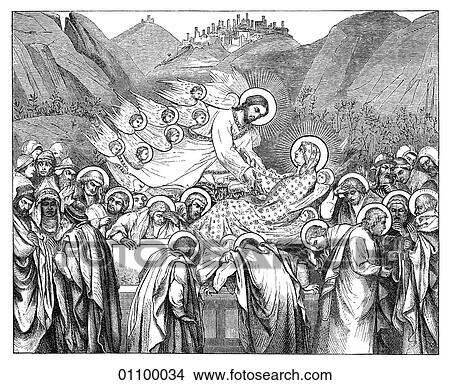Stock Illustration - Paintings & Engravings - Engraving - Italy "The Resurrection of the Virgin" A fresco in the Palazzo Pubblico at Siena (a town in Northern Italy, south of Florence) by Taddeco di Bartolo (1363-1422. ). Fotosearch