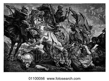 Stock Illustration - Paintings & Engravings - Engraving - Belgium "Lion-Hunt" by Peter Paul Rubens (1577-1640) of the Flemish Baroque school. Rubens was born at Siegen in what is now Holland and lived during the tumultuous years of the counter-reformation. In that same ye. Fotosearch